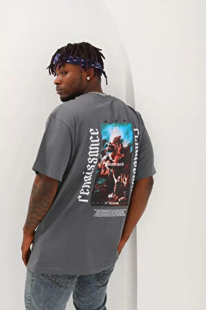 Unisex Oversize Baskılı Bisiklet Yaka Thirt  Füme