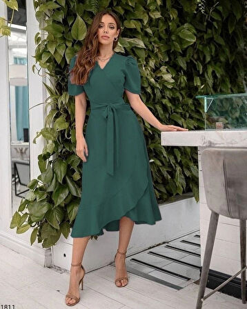 Kadın Kruvaze Yaka idi Boy Kuşaklı Krep Elbise 120 Cm