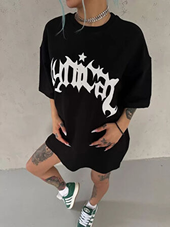 Unisex Bisiklet Yaka Baskılı Oversize Thirt  iyah