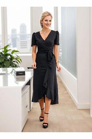 Kadın Kruvaze Yaka idi Boy Kuşaklı Krep Elbise 120 Cm