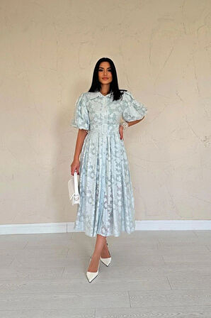 int Kemerli Balon Kollu Elbise