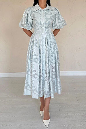 int Kemerli Balon Kollu Elbise