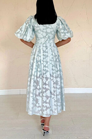 int Kemerli Balon Kollu Elbise