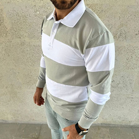 Erkek Polo Yaka Uzun Kollu Çizgili weatshirt Trend Rugby til  int Yeşili