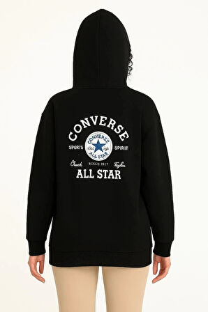 Üç İplik Kapşonlu ön Ve Arka Baskılı weathirt Hoodie iyah