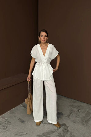 KETEN V YAKA BEDEN BAĞAAI BUZPANTOON TAKI  Beyaz