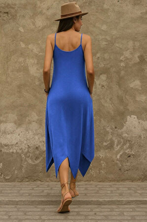 Kadın Askılı V Yakalı Cep Detaylı Asimetrik Kesim Viskon Elbise