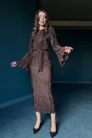 Kahverengi İspanyol Kol Piliseli Elbise