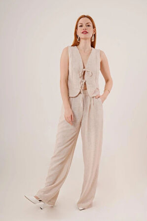 Ön Bağlama Detaylı Yelek Ve Pantolon Taş İkili Takım