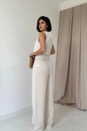 Bej Önü Düğmeli Yelek Ve Pantolon Takım