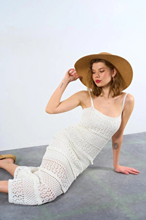 Ajurlu Astarlı Elbise  Ekru