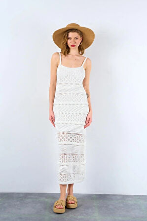 Ajurlu Astarlı Elbise  Ekru