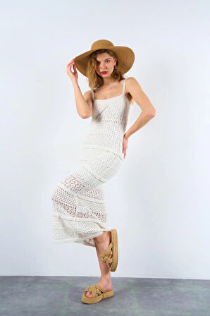 Ajurlu Astarlı Elbise  Ekru