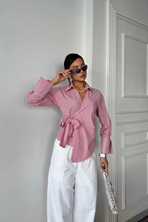 ÇİZGİLİ POPLİN KRUVAZE BAĞLAMALI GÖMLEK  Kırmızı