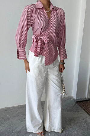 ÇİZGİLİ POPLİN KRUVAZE BAĞLAMALI GÖMLEK  Kırmızı