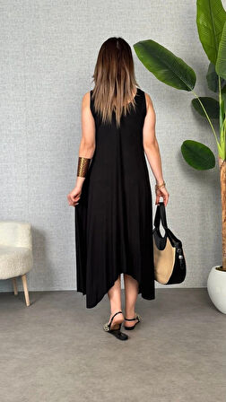 Kadın çan Dokuma Kumaş V Yaka Asimetrik Kesim Elbise