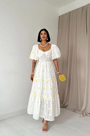 arı Dantel Detaylı Brode Elbise