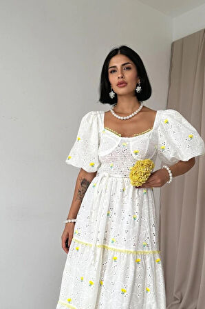 arı Dantel Detaylı Brode Elbise