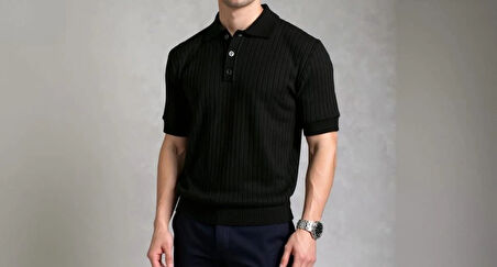 Erkek Kısa Kollu Yakalı Yakadan Düğmeli Triko Bluz