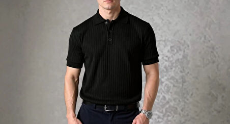 Erkek Kısa Kollu Yakalı Yakadan Düğmeli Triko Bluz