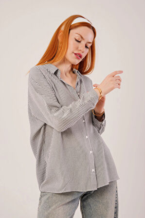 Cep Detay Çizgili Oversize Gri Gömlek