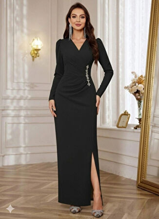 Kadın Uzun Kollu Kruvaze Yakalı Yanları Taşlı Yırtmaçlı Uzun Ithal Krep Elbise