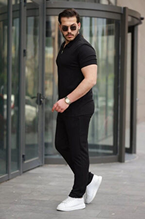 Erkek Kısa Kollu önden Fermuarlı Janjan Krep Bluz Ve Pantolon Ikili Takım