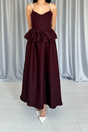 Bordo Beli Büzgülü İnci Askılı Uzun Elbise