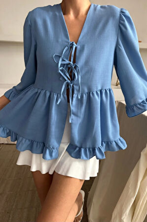 KETEN BLUZ ÖNDEN BAĞLAALI FIRFIR DETAYLI  avi
