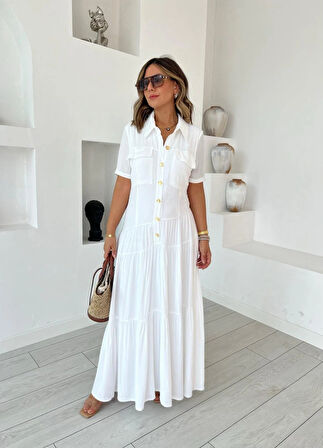 Kadın Dokuma Kumaş Cep Detaylı axi Boy Gömlek Elbise