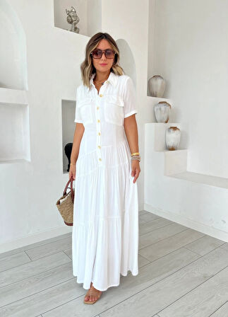 Kadın Dokuma Kumaş Cep Detaylı axi Boy Gömlek Elbise