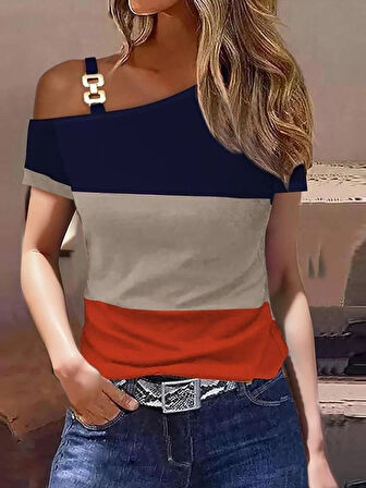 Kadın Kısa Kollu Tek Omuzu Açık Toka Detaylı çok Renkli Viskon Bluz