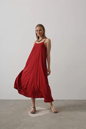 Askılı Uzun Çan Elbise  Bordo