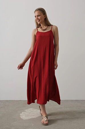 Askılı Uzun Çan Elbise  Bordo