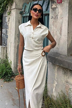 Bluzu Büzgülü Ve Eteği Tokalı Keten Takım 10204