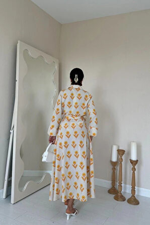 Bej Desenli Ve Önü Düğmeli Keten Elbise