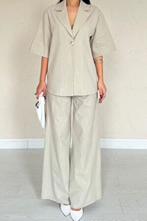 Bej Önü Tek Düğmeli Ceket Pantolon Takım