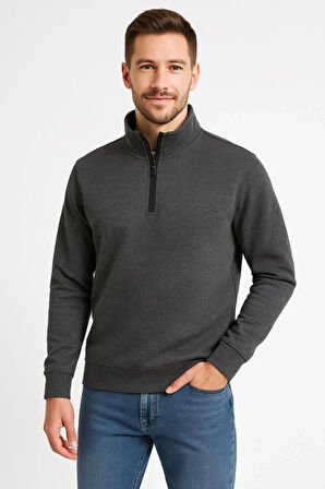 Erkek Dik Yaka weatshirt Dik Yaka Yarım Fermuarlı 3 İplik Şardonlu Pamuk Kumaş  Antrasit