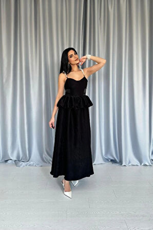 iyah Beli Büzgülü İnci Askılı Uzun Elbise