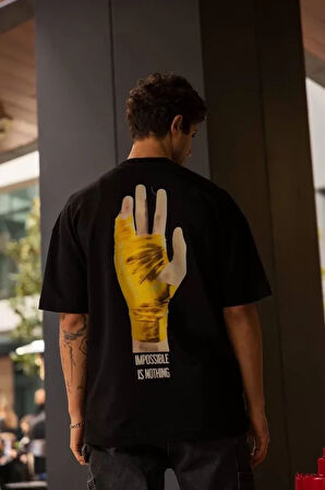 Unisex Bisiklet Yaka Baskılı Oversize Thirt  iyah