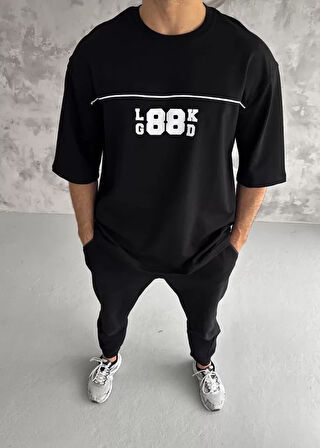 Unisex Bisiklet Yaka Baskılı Oversize Thirt  iyah