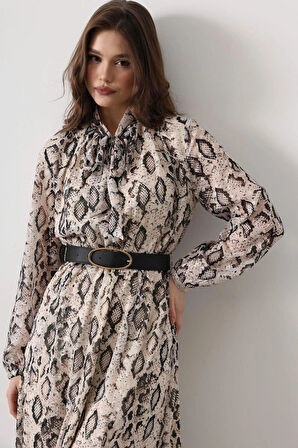 Yılan Desen Uzun Yaka Detaylı Elbise  Kremiyah