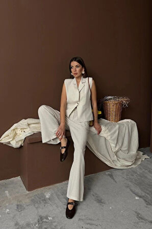 Bej Keten Yelek Pantolon Takım