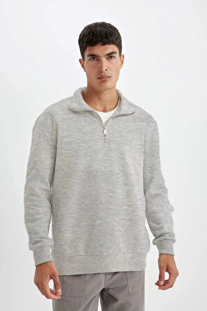 Unisex Uzun Kol Yarım Farmuarlı Yakalı Basic weathirt  Gri