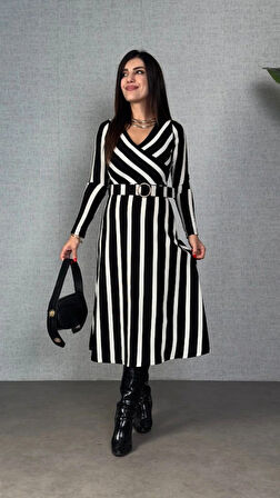 Kadın Uzun Kollu Kruvaze Yaka Kemer Dahil çizgili Triko Elbise