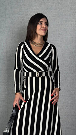 Kadın Uzun Kollu Kruvaze Yaka Kemer Dahil çizgili Triko Elbise