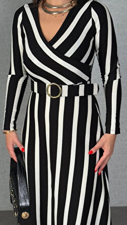 Kadın Uzun Kollu Kruvaze Yaka Kemer Dahil çizgili Triko Elbise