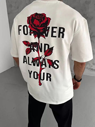 Unisex Bisiklet Yaka Baskılı Oversize Thirt  Beyaz