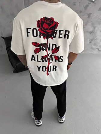 Unisex Bisiklet Yaka Baskılı Oversize Thirt  Beyaz