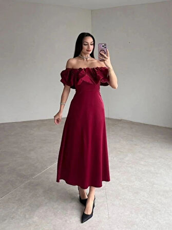Bordo Omuz Büzgülü aten Elbise